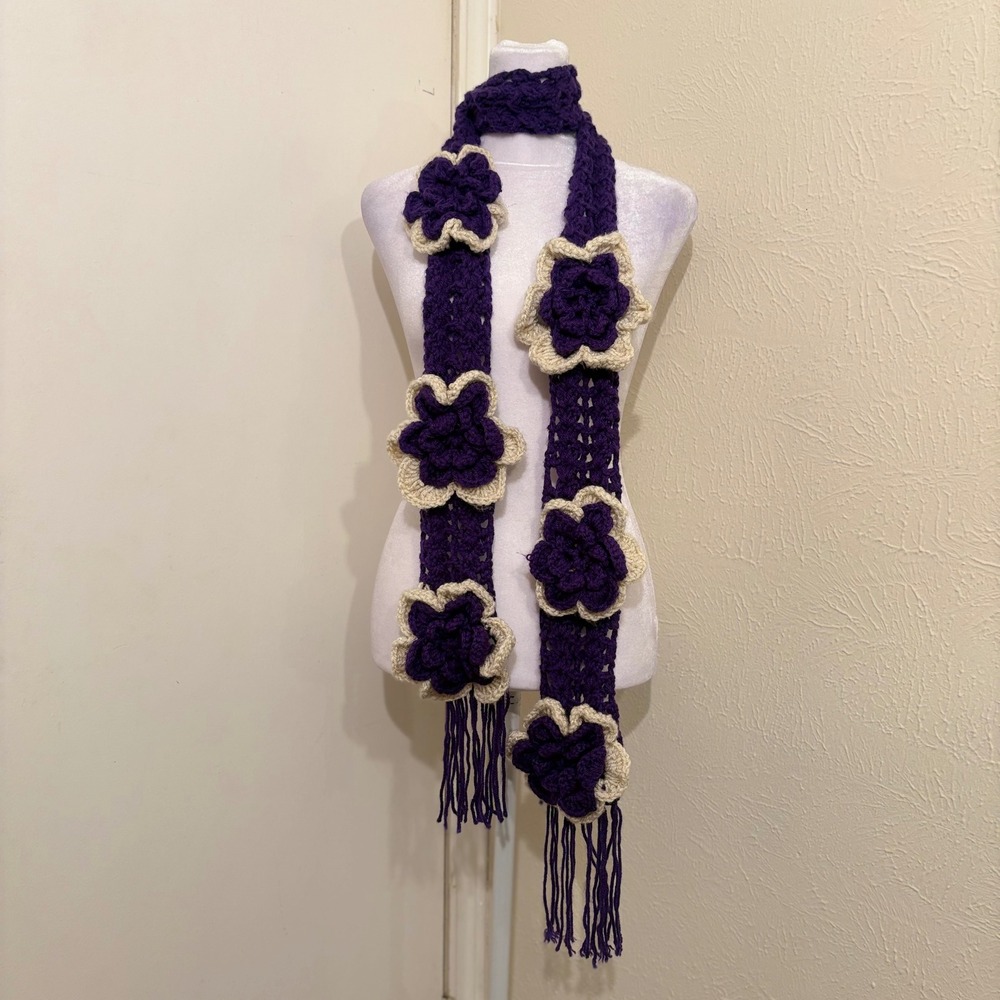 Y2K Purple White‎ Extra Long Skinny Scarf 3D Flower Fringe Girlhood Maximalist